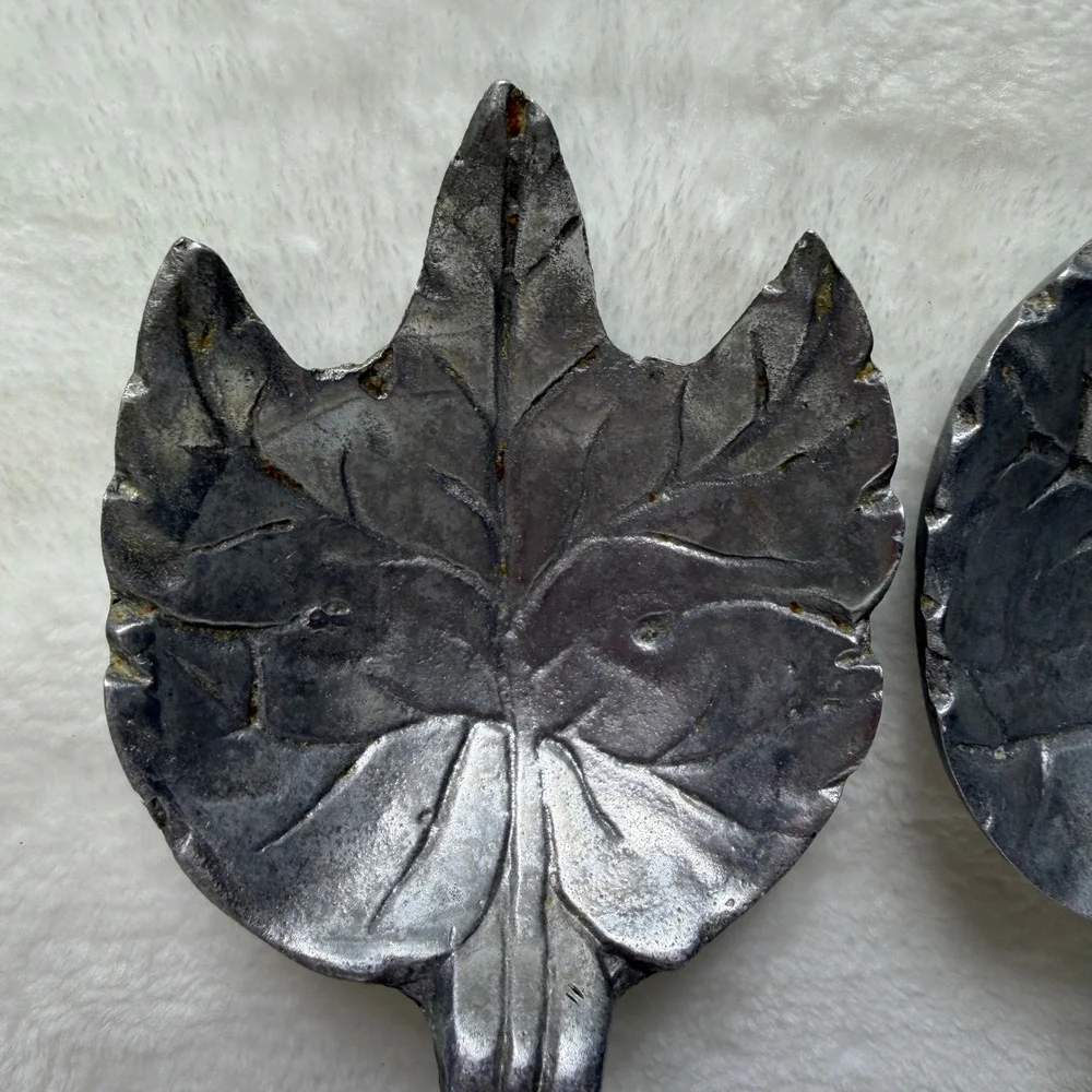 VTG Cast Metal Leaf Salad Serving Set Silver Tone Rustic Botanical Twig‎ Handle